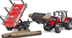 Bruder Massey Ferguson Traktori Etukuormaajalla sekä Tukkikärry 1:16