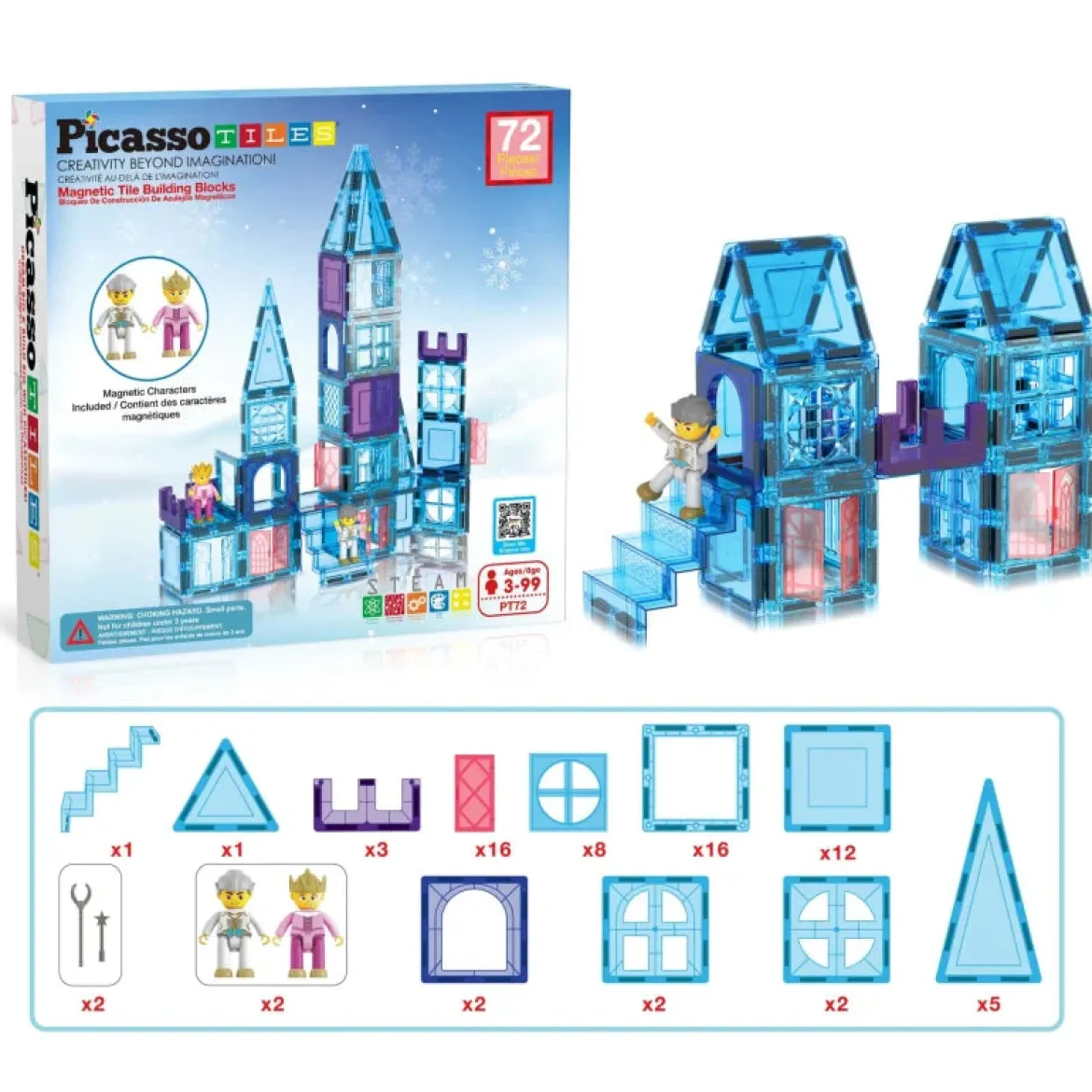 PicassoTiles Magneettinen 3D Rakennussarja Jäälinna 72 Osaa